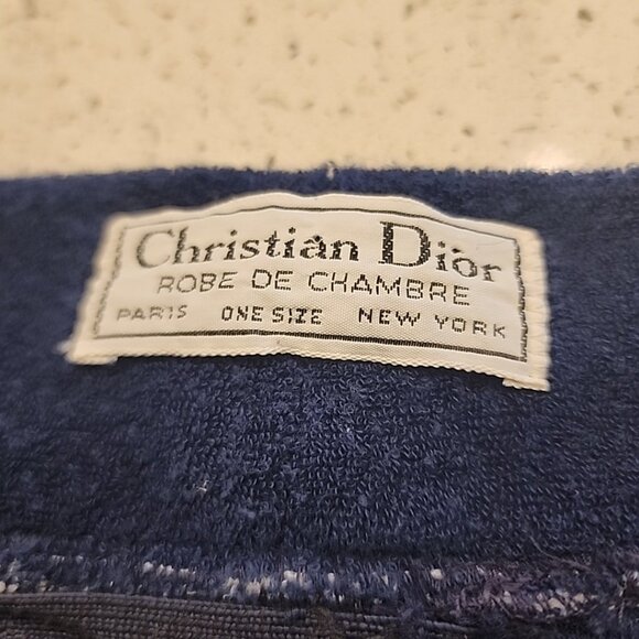 Vintage Men's Christian Dior Terry Cloth Robe Navy Blue One Size Pockets Belt - Picture 4 of 6
